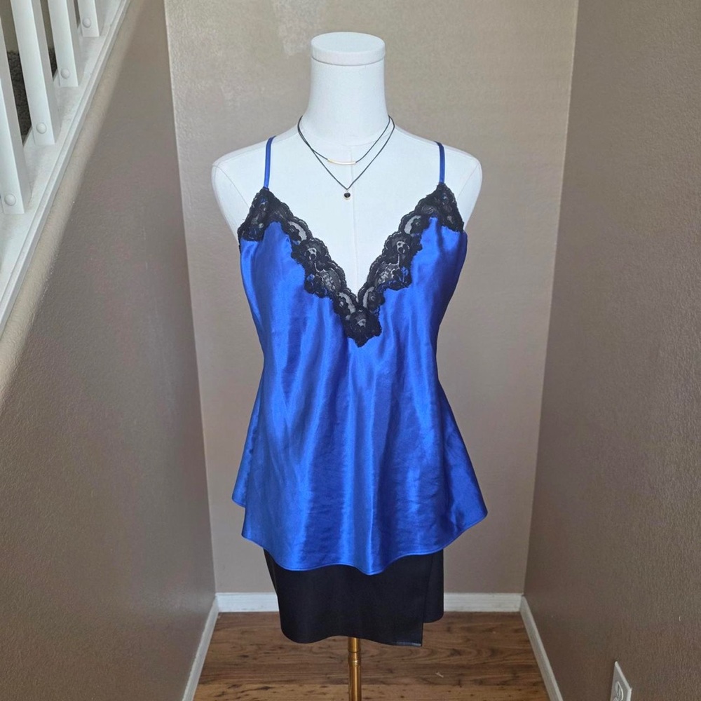 Frederick's of Hollywood Royal Blue Satin Camisole with Black Lace